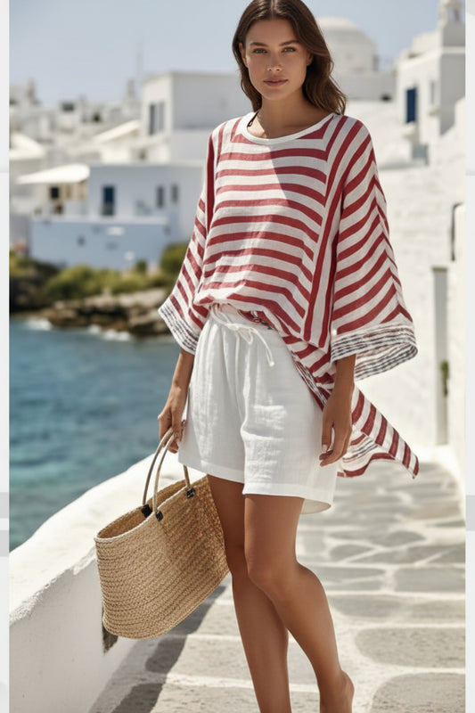 Japanese-style Vertical Stripe Ramie Bamboo Fiber Top Womens Set 