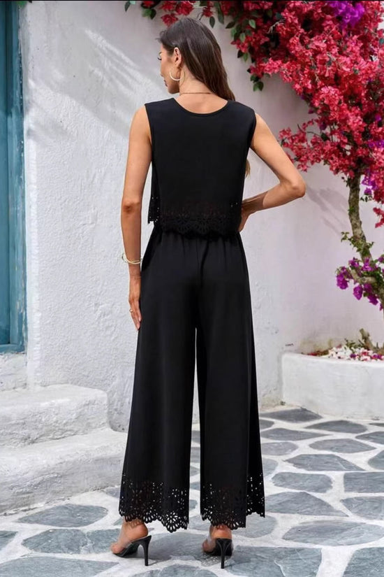 Fashionable Resort-Style Casual Hollow-Out Tank Top And Pants Two-Piece Set 