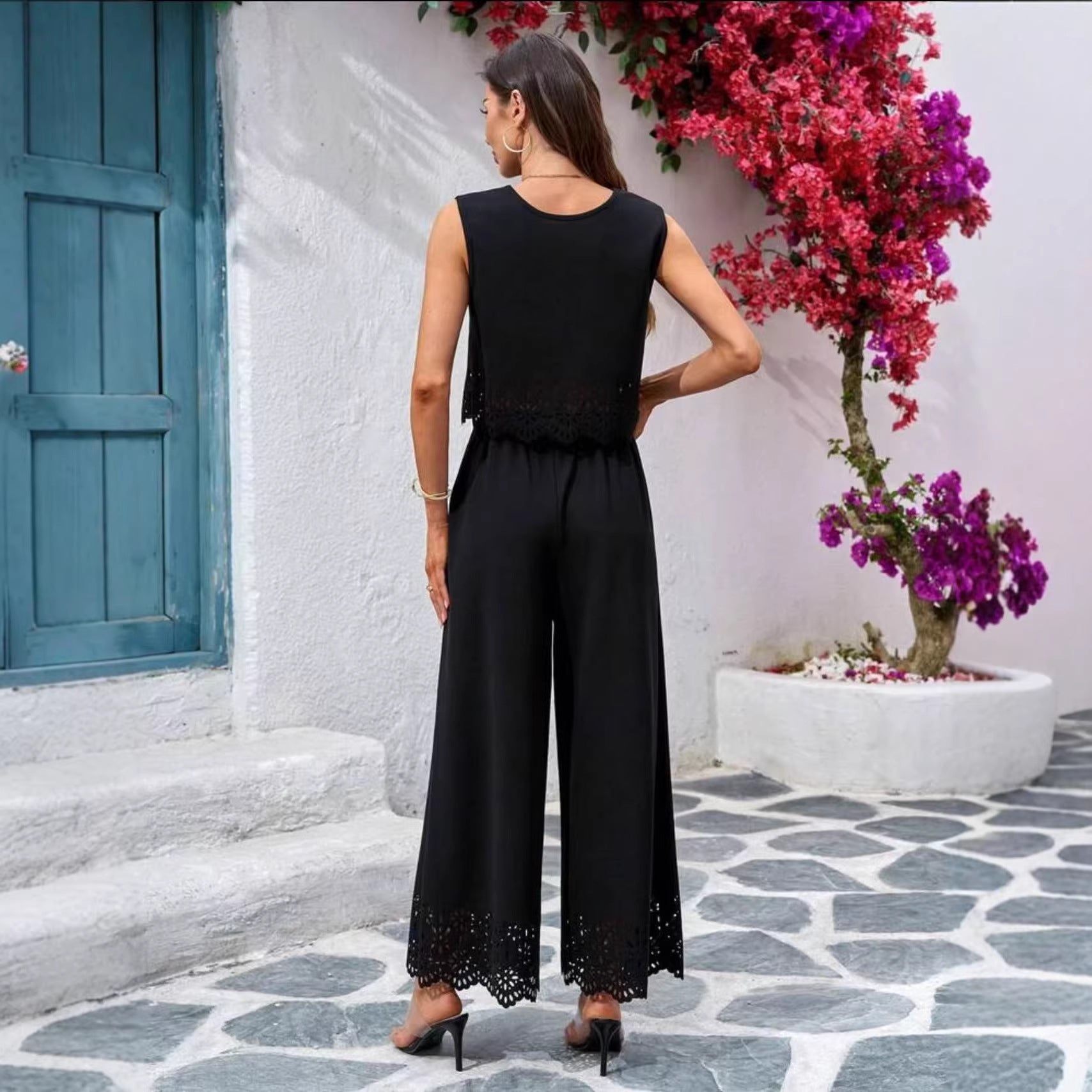 Fashionable Resort-Style Casual Hollow-Out Tank Top And Pants Two-Piece Set 