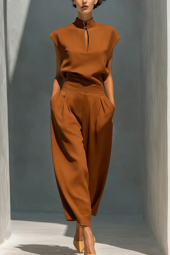 Chinese-style Satin Short-sleeve T-shirt And Pants Set For Women 