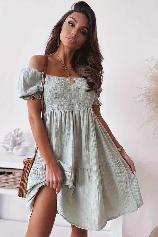Casual One Word Collar Wrinkle Puff Sleeve Mid Dresses CJ US