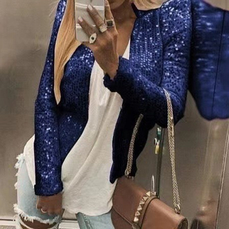 Women's Fashion Colorblock Sequin Short Casual Jacket 