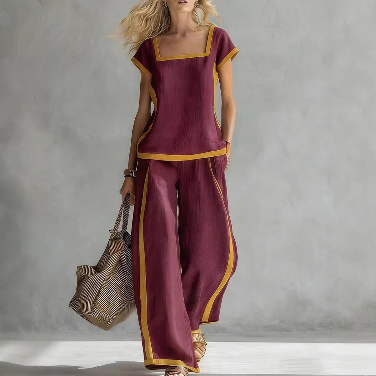 Solid Color Shirt & Wide-Leg Trousers Two-Piece Set 