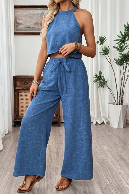 Neck-hanging Sleeveless Cropped Top And Wide-leg Pants Set 
