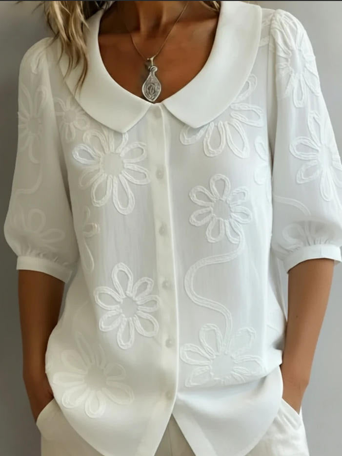 Loose-fit Retro Buttoned 3D Embroidered Floral Shirt 