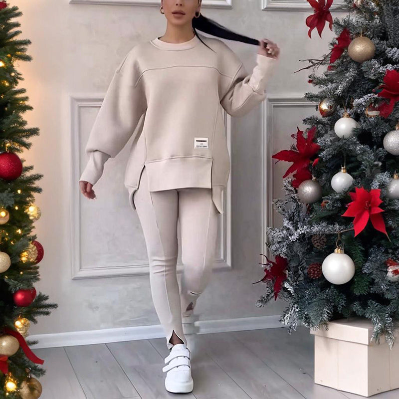 Women's Solid Color 2-Piece Set, Loose Fit Top With Slit Hem & Slim Fit Pants For Spring And Fall 