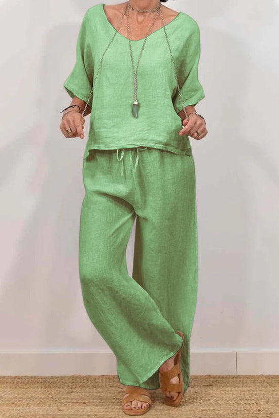 Womens Multi-Color Two-Piece Set Casual V-Neck Pullover With Three-Quarter Sleeves And Extended Pants 
