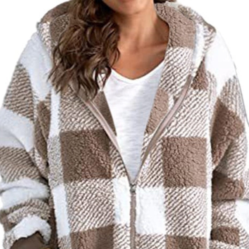 Women's Plaid Hooded Jacket, Long Sleeve Zip Up Oversized Coat With Pockets For Winter Casual And Commute CJ US