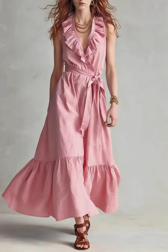 V-neck Sleeveless Lace-Up Panelled Dress 