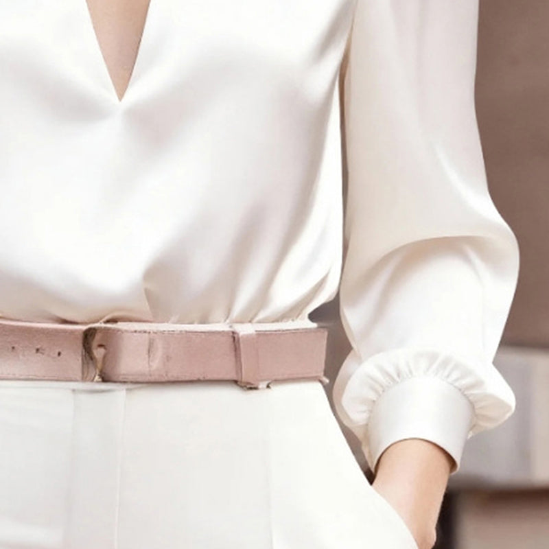 Women's Elegant V-Neck Long Sleeve Solid Color Satin Top Slim Fit Blouse For Office Party & Daily Wear 