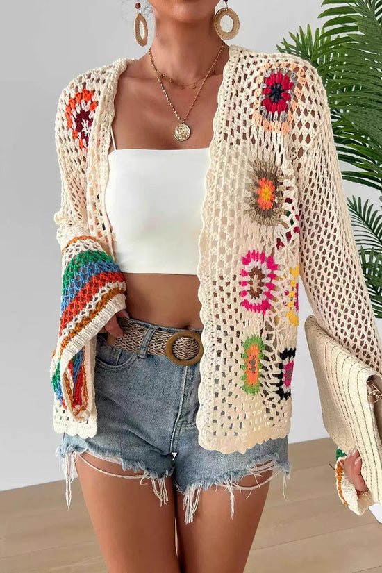 Hand-crocheted Floral Sweater With Random Color Blocks 