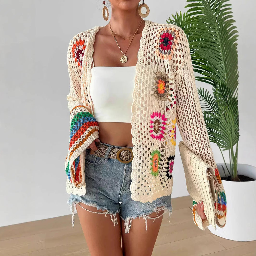 Hand-crocheted Floral Sweater With Random Color Blocks 