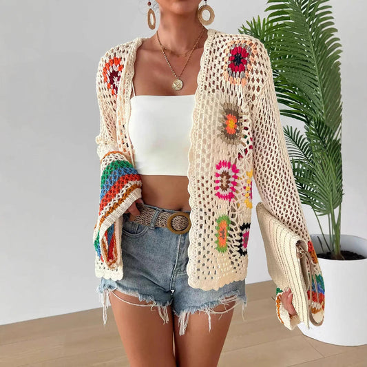 Hand-crocheted Floral Sweater With Random Color Blocks 