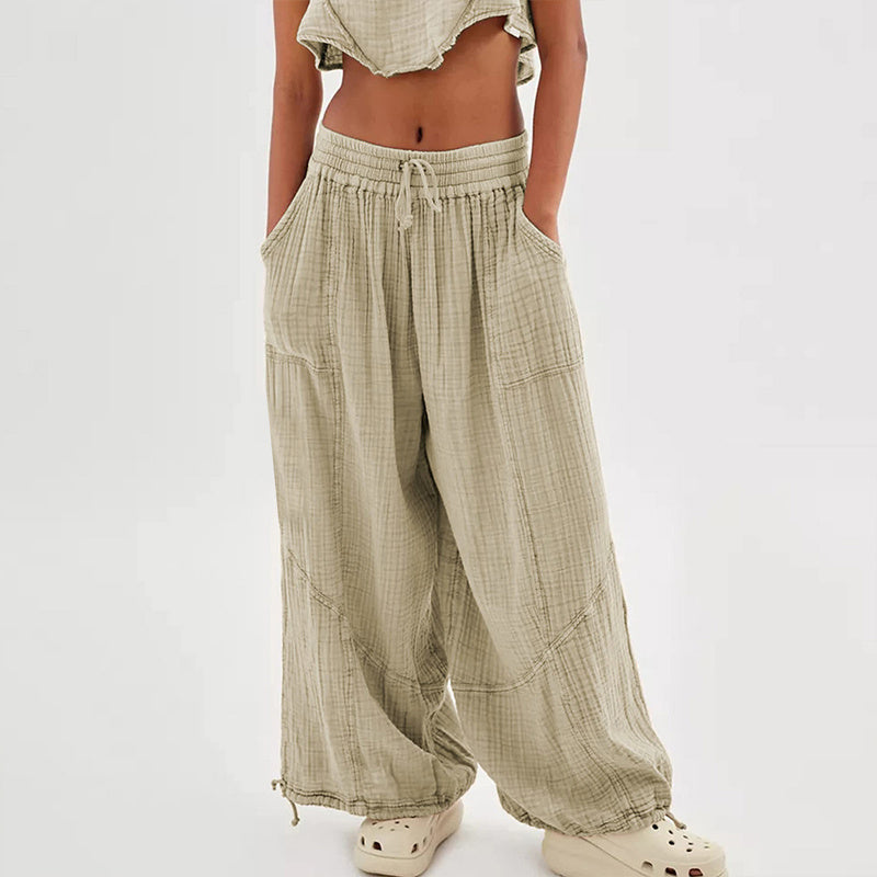 Women's Solid-color Wide-leg Pants With Elastic Drawstring Waist Elasticized Leg Cuffs Side Pockets For Spring&Fall Fashionable Simple Wear CJ US