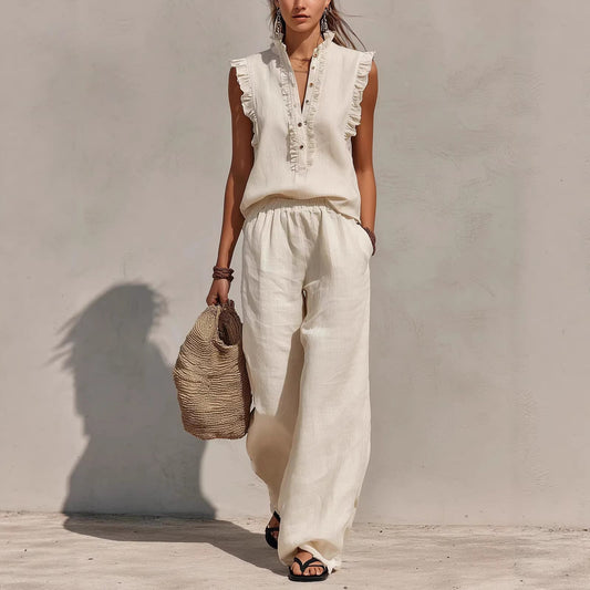 Sleeveless Ruffled V-neck Top And Elastic-waist Wide-leg Pants 