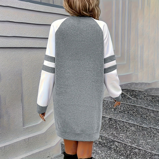 Women's Color Block Sweatshirt Dress Long Sleeve Crew Neck, Casual Short Pullover Tunic Dress CJ US