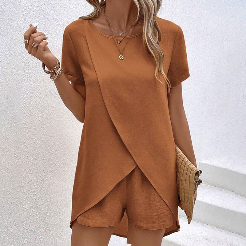 Women's 2-Piece Summer Lounge Set, Casual Short Sleeve Top And Shorts Matching Outfit CJ US