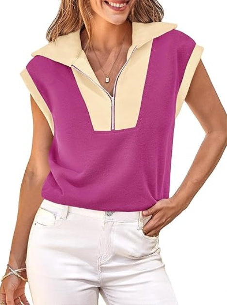 Fisoew Womens Half Zip Sweatshirts Short Sleeve Color Block Lapel V Neck Loose Summer Pullover Tops CJ US