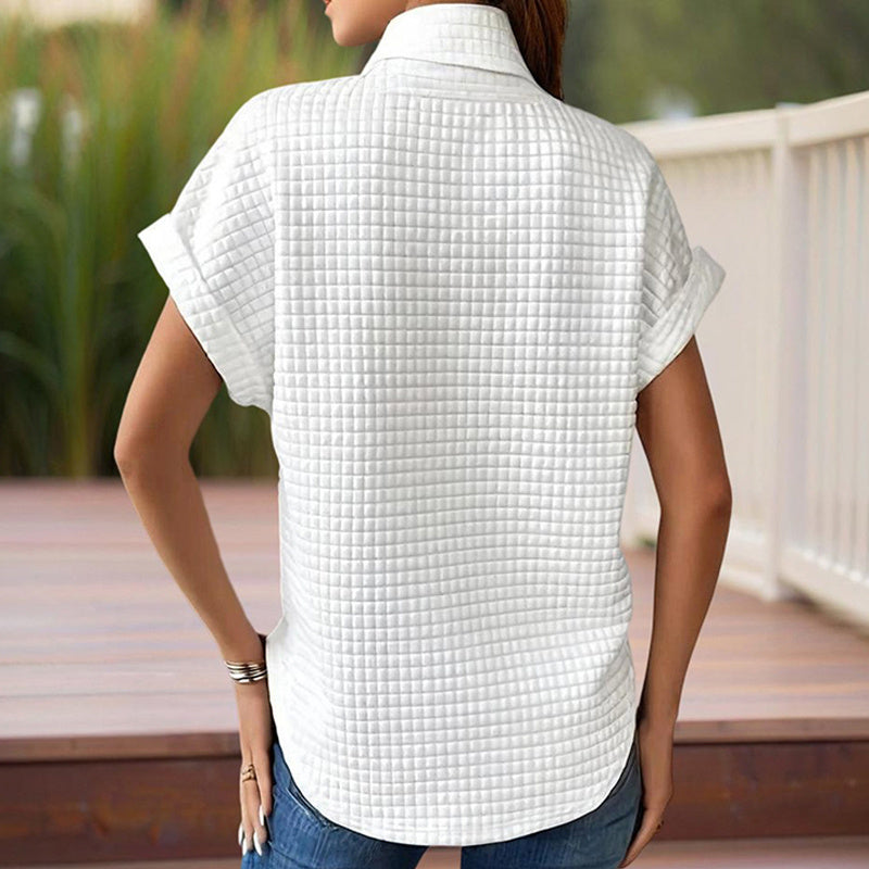 Women's Solid Color Round Neck Short Sleeve Top - Textured Cuff Detail Comfortable Summer Casual Tee CJ US