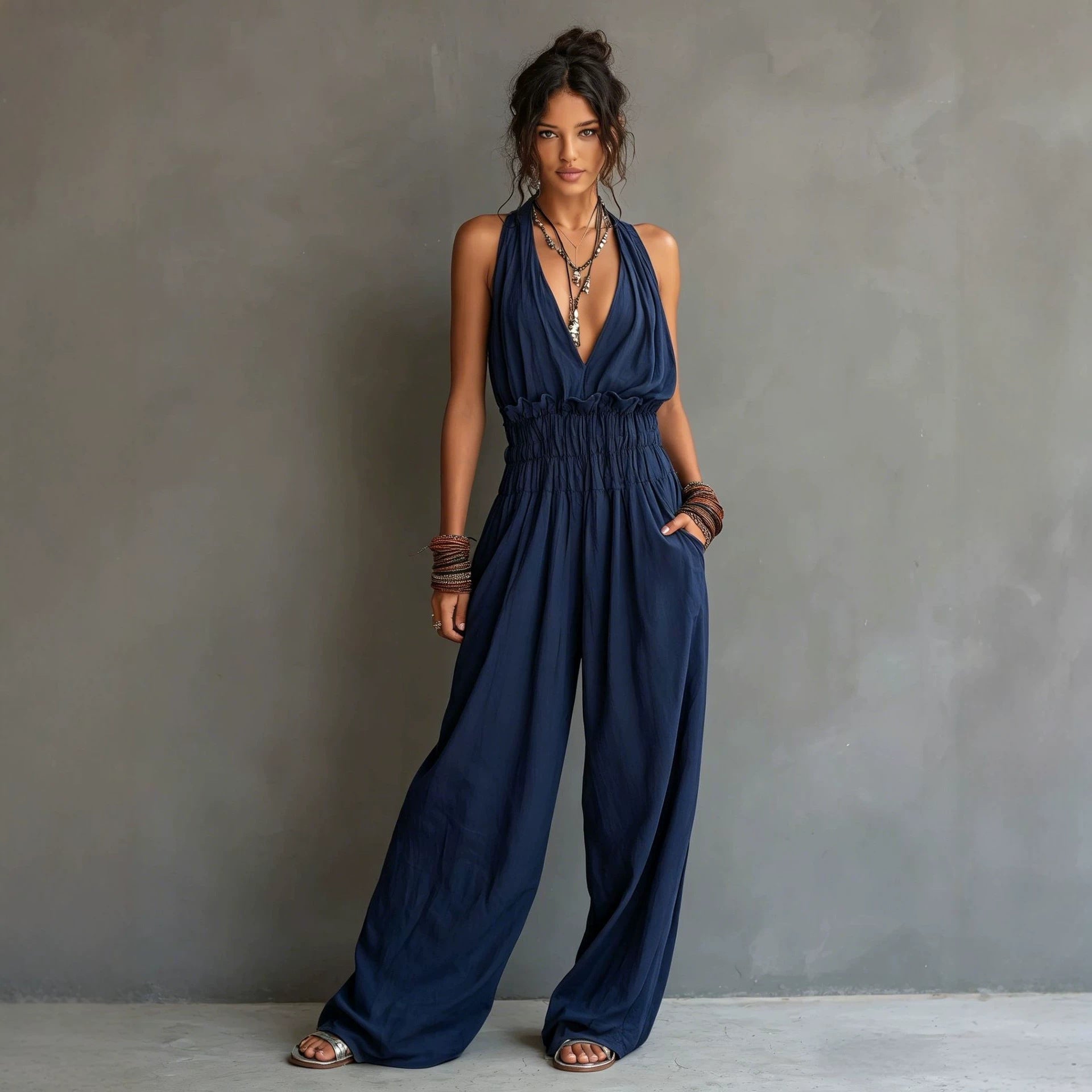 Strap-style V-neck Sleeveless Waist-cinching One-piece Suit 