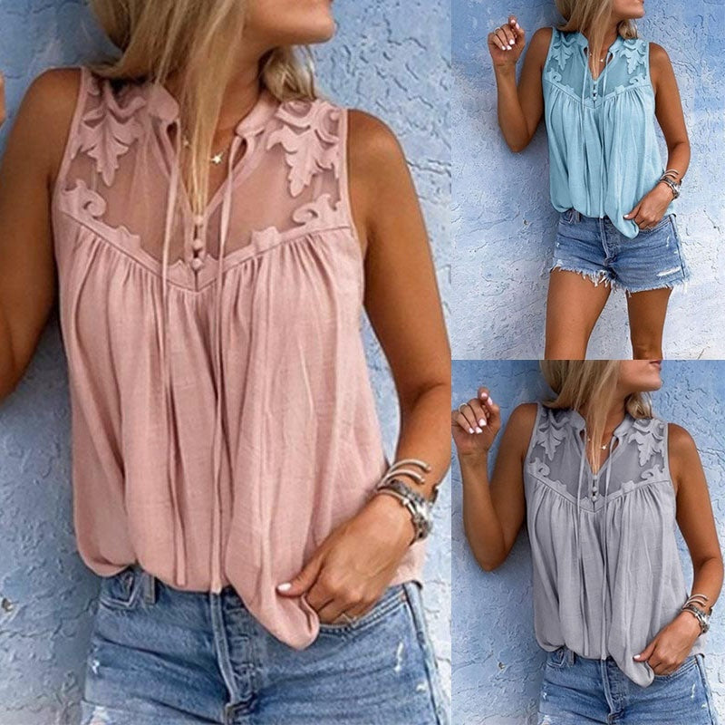 Chiffon Patchwork Lace V-Neck Sleeveless Shirt 