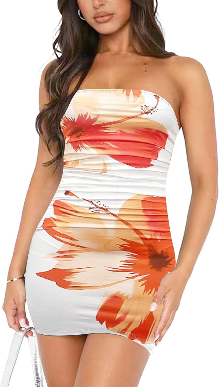 🌸 Women's Tube Top Printed Pleated Pullover Hip Wrap Short Dress FitiqueFit