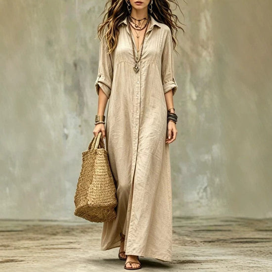 Shirt-collar Floor-length Casual Simple Long Dress 
