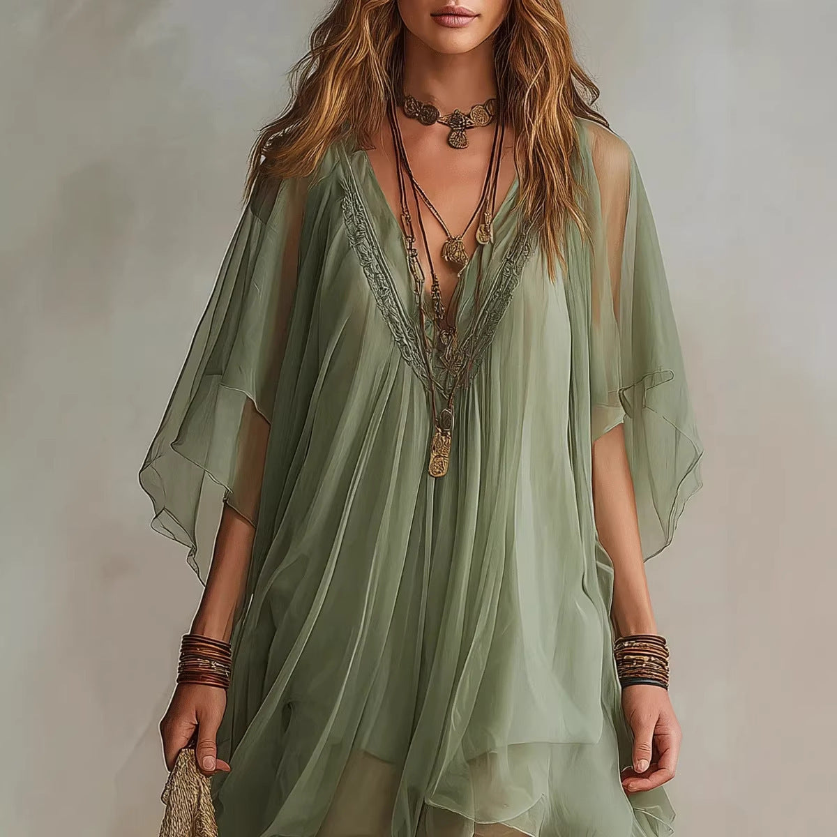 V-neck Chiffon Loose-fitting Resort Blouse And Beach Skirt 
