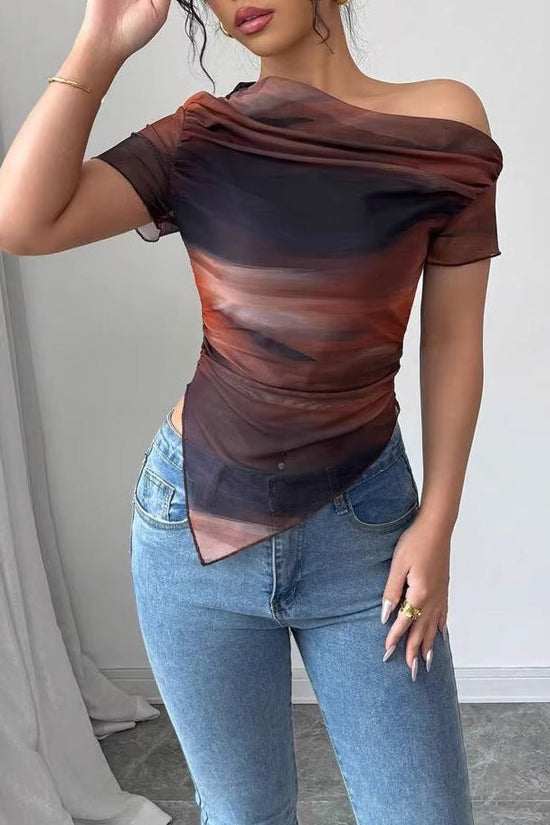 Women’s Tie-Dye One-Shoulder Mesh Ruched Top – Asymmetrical Stretch Tee for Going Out 