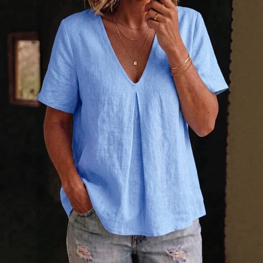 Women's Solid-Color Pleated Cotton-Linen Short-Sleeve Shirt T-Shirt 