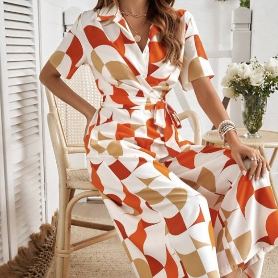 Women's Geometric Pattern Printed Lace Up Shirt Jumpsuit CJ