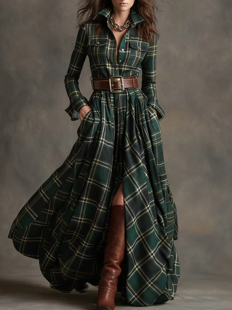 Ins Plaid Print Long-Sleeved Dress Fashion Pockets Collared Buttons Shirt Long Dresses Retro Women's Clothing 