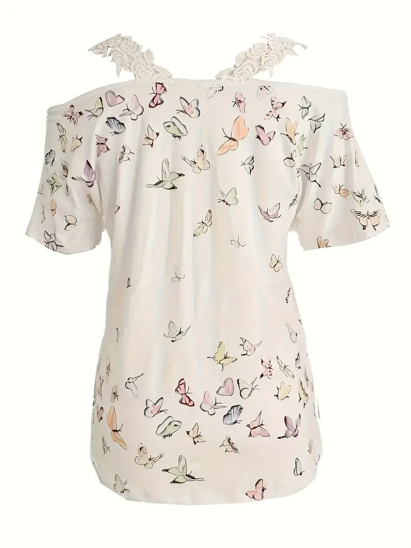 Spring Summer New Butterfly Print V-neck T-shirt Lace Casual Off-the-shoulder Short-sleeved Top FitiqueFit