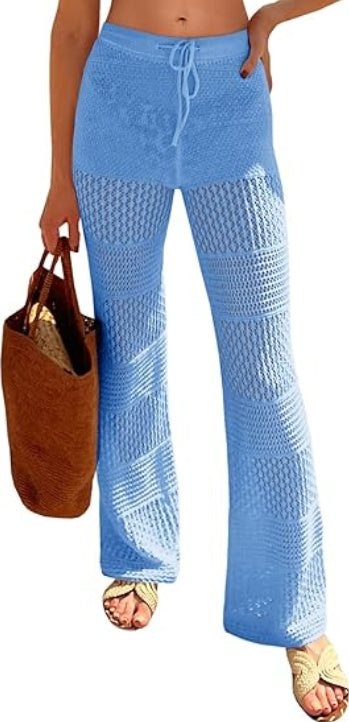 Saodimallsu Womens Beach Cover Up Pants Boho Crochet Knit High Waist Drawstring Sheer Hollow Swim Pant Swimwear CJ US