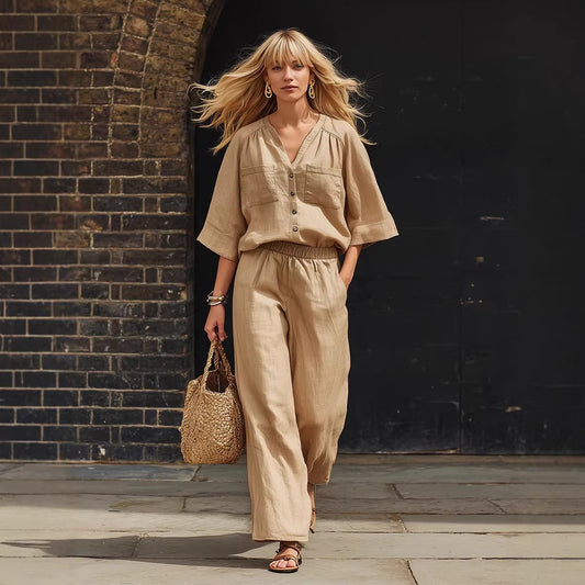 Womens Simple Button-Up Top And Wide-Leg Pants Linen Two-Piece Set 