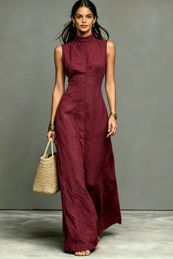 Blended Fabric Stand-up Collar Single-breasted Sleeveless Maxi Dress 