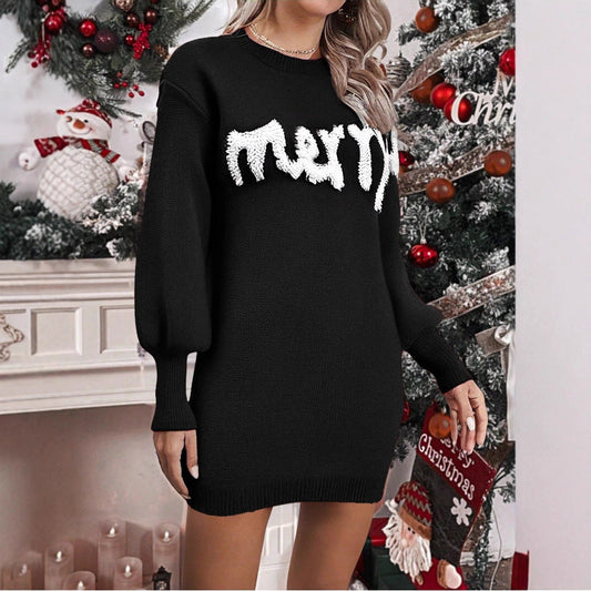 Women's Knitted Round Neck Lantern Sleeve Pullover Sheath Dress CJ