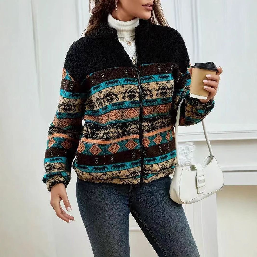 Double-sided Plush Stand-up Collar Zip-up Cardigan For Fall And Winter 