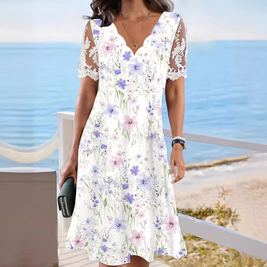 Lace Short-sleeve Floral Dress Women's Clothing 