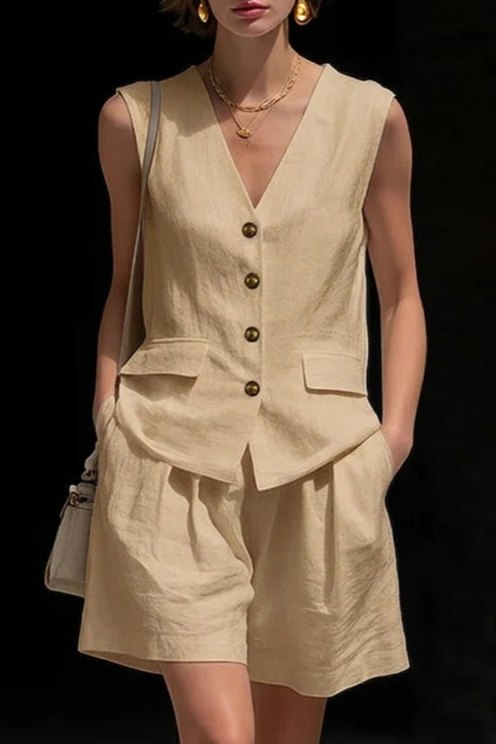Womens Simple Elegant Cotton-Linen Vest Top And Shorts Two-Piece Set 