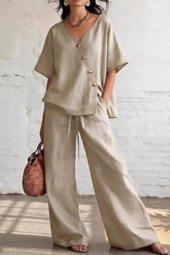 Casual Vacation Loose Cotton-Linen V-Neck Wide-Leg Pants Two-Piece Set 