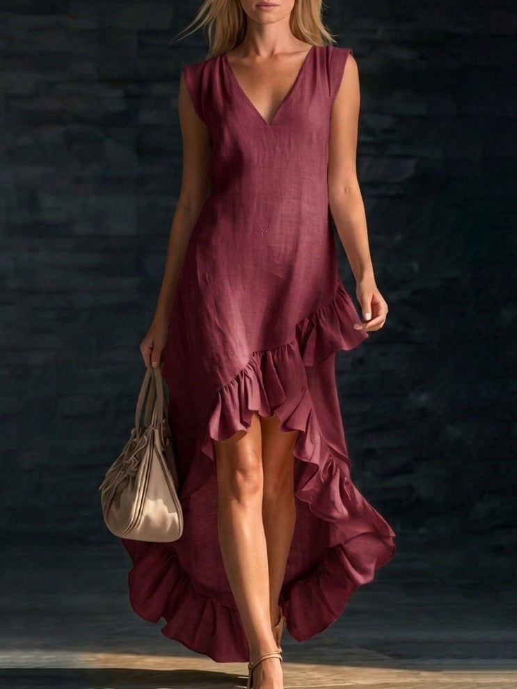 Women's Fashion Romantic Sleeveless V-Neck Ruffle Hem Cotton Linen Maxi Dress 