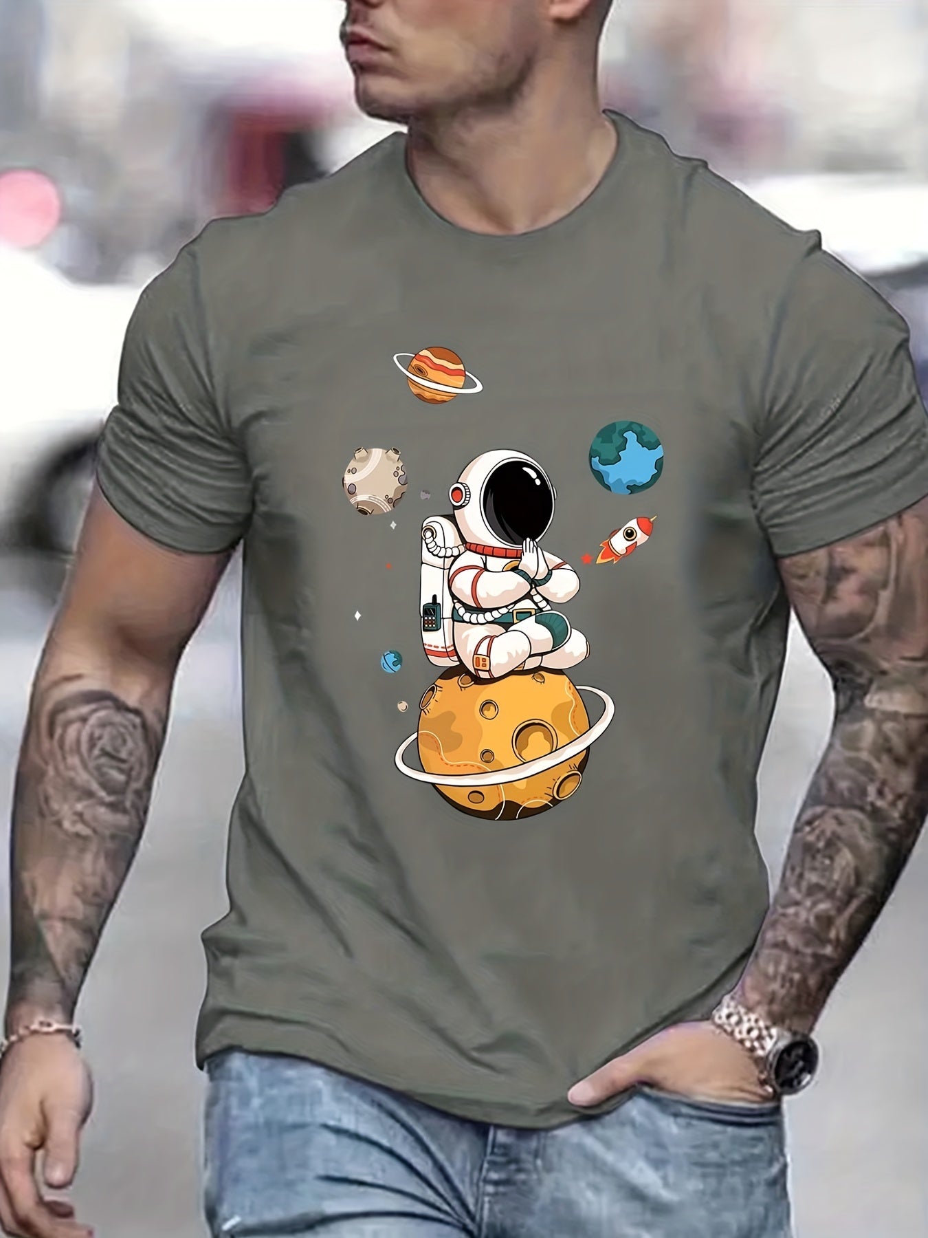 Summer Men's Casual Street Style Elastic Round Neck T-shirt With Cartoon Astronaut And Planet Patterns CJ US