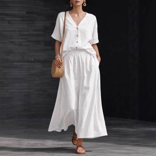 Cotton-linen V-neck Button-up Short-sleeve Top And Skirt Set 