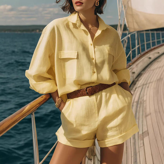 Cotton-linen Loose-fit Button-down Shirt And Shorts Fashion Casual Set 