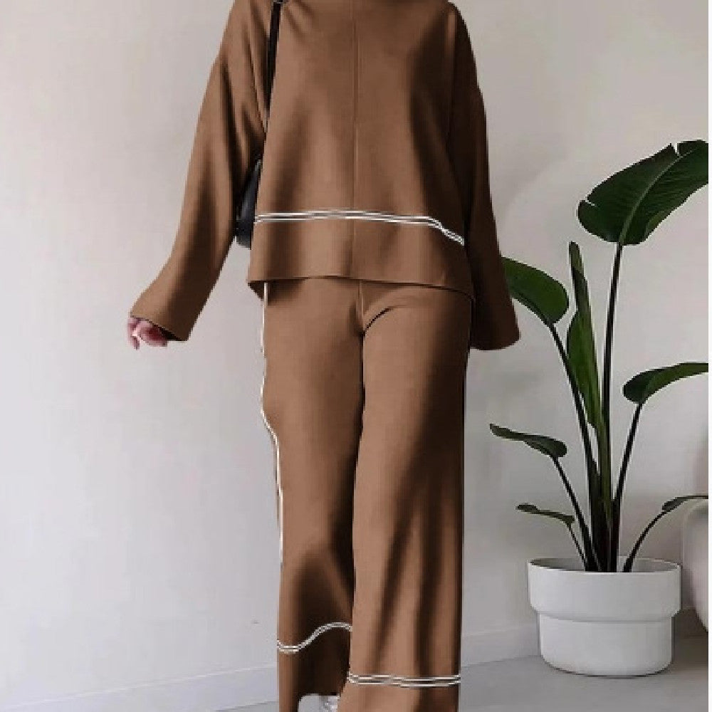Women’s Solid Color Casual Two-Piece Set – Loose Top & Bootcut Pants Suit - FitiqueFit