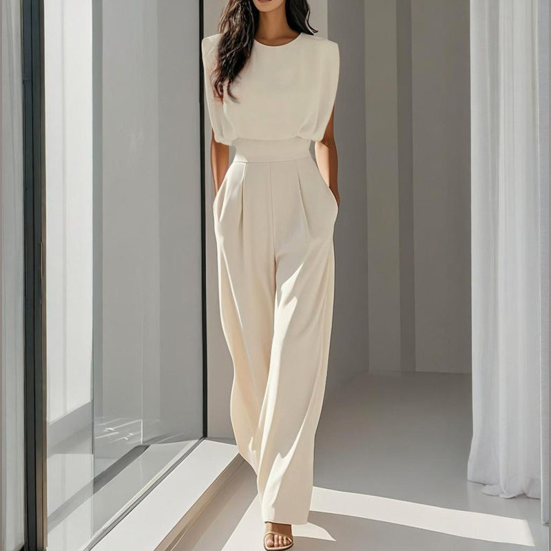 Women's Solid Color Round Neck Short Sleeve Wide-Leg Jumpsuit With Waist Design & Pockets Casual Romper For Spring&Summer CJ US