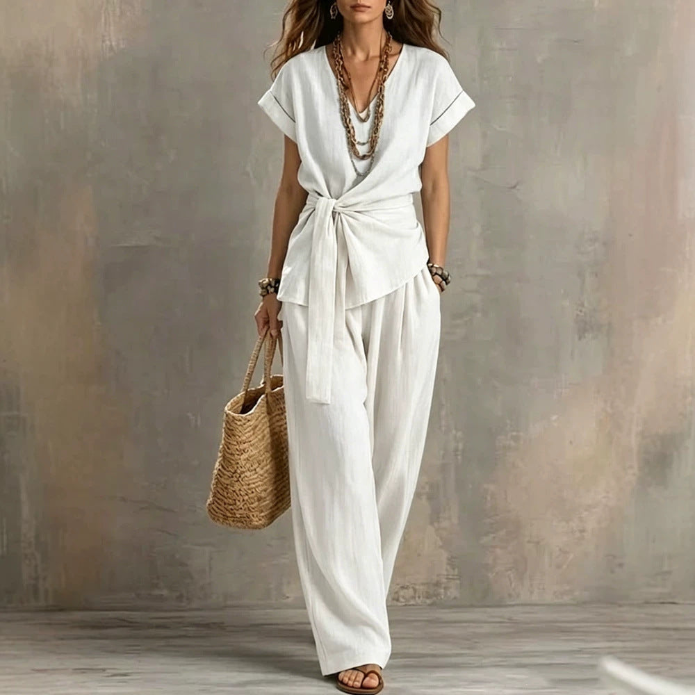 Women's V-neck Pullover Short-Sleeve Pants Set 