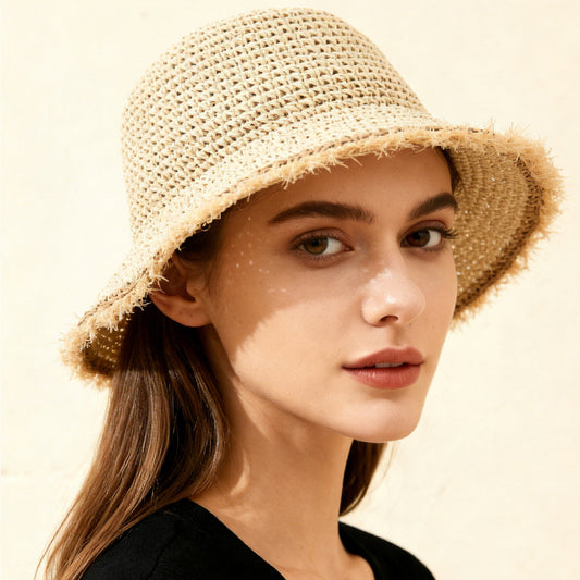 The Korean Version Of The Wide-brimmed, Fringed, Woven Straw Hat, Sun Hat, Round-top Fisherman's Hat, Beach Vacation Hat, And Sandcastle Hat Is Suitable For Vacations. 