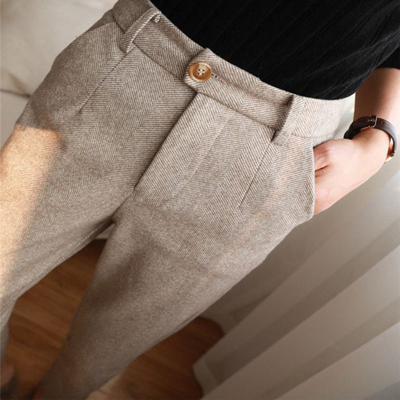 Women's Solid Color Wool-Like Tapered Trousers, Classic Ankle-Length Pants For Office And Formal Wear 
